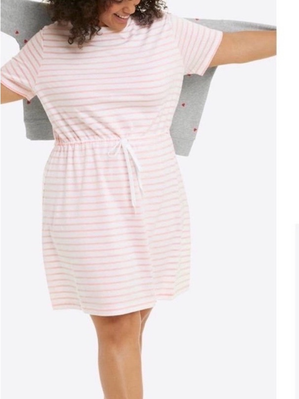 Draper James Button Shoulder Drawstring Waist Striped T-Shirt Dress Pink S